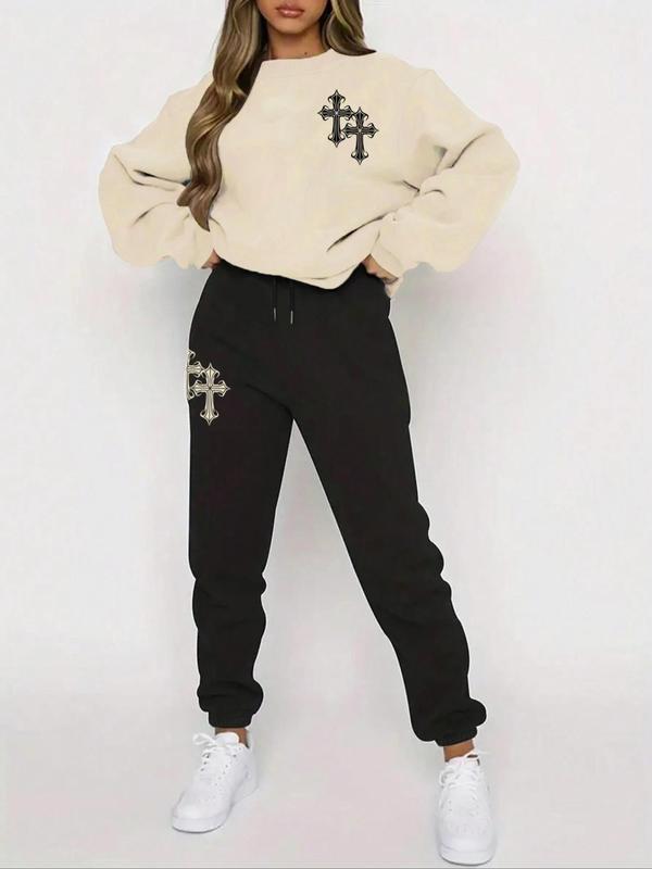 Women's Cross Print Drop Shoulder Sweatshirt & Drawstring Waist Sweatpants Set, Casual Fashion Cozy Round Neck Long Sleeve Pullover & Pocket Jogger Pants for Daily Wear, Women's Two-piece Outfits for Fall & Winter, Experimental Outfits